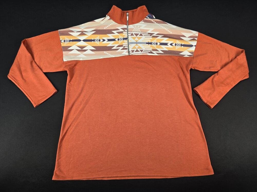 HFIMISH Women Southwest‎ Aztec Quarter Zip Pullover Rust Brown Long Sleeve Large